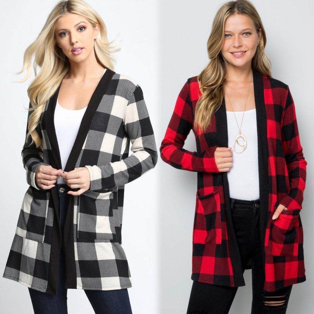 Checkered Plaid Cardigan with Pockets